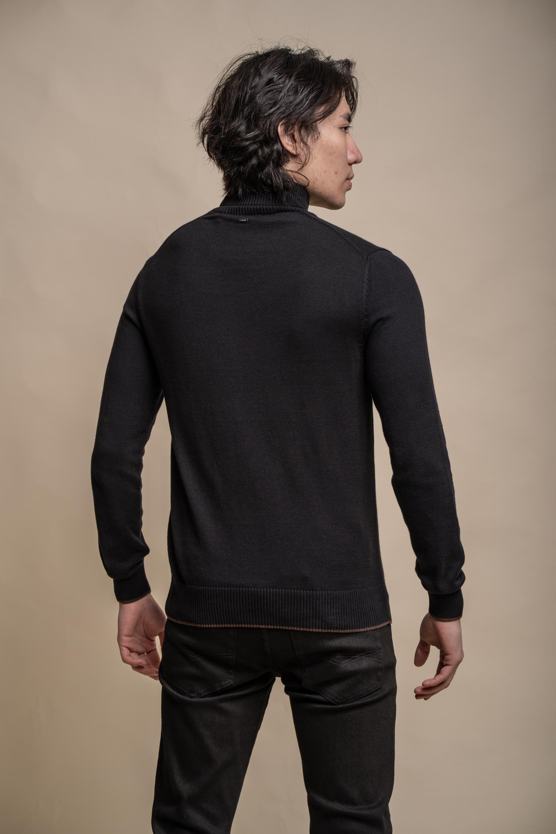 Herren Baumwoll Rollkragen Pullover - KARRIS - Schwarz