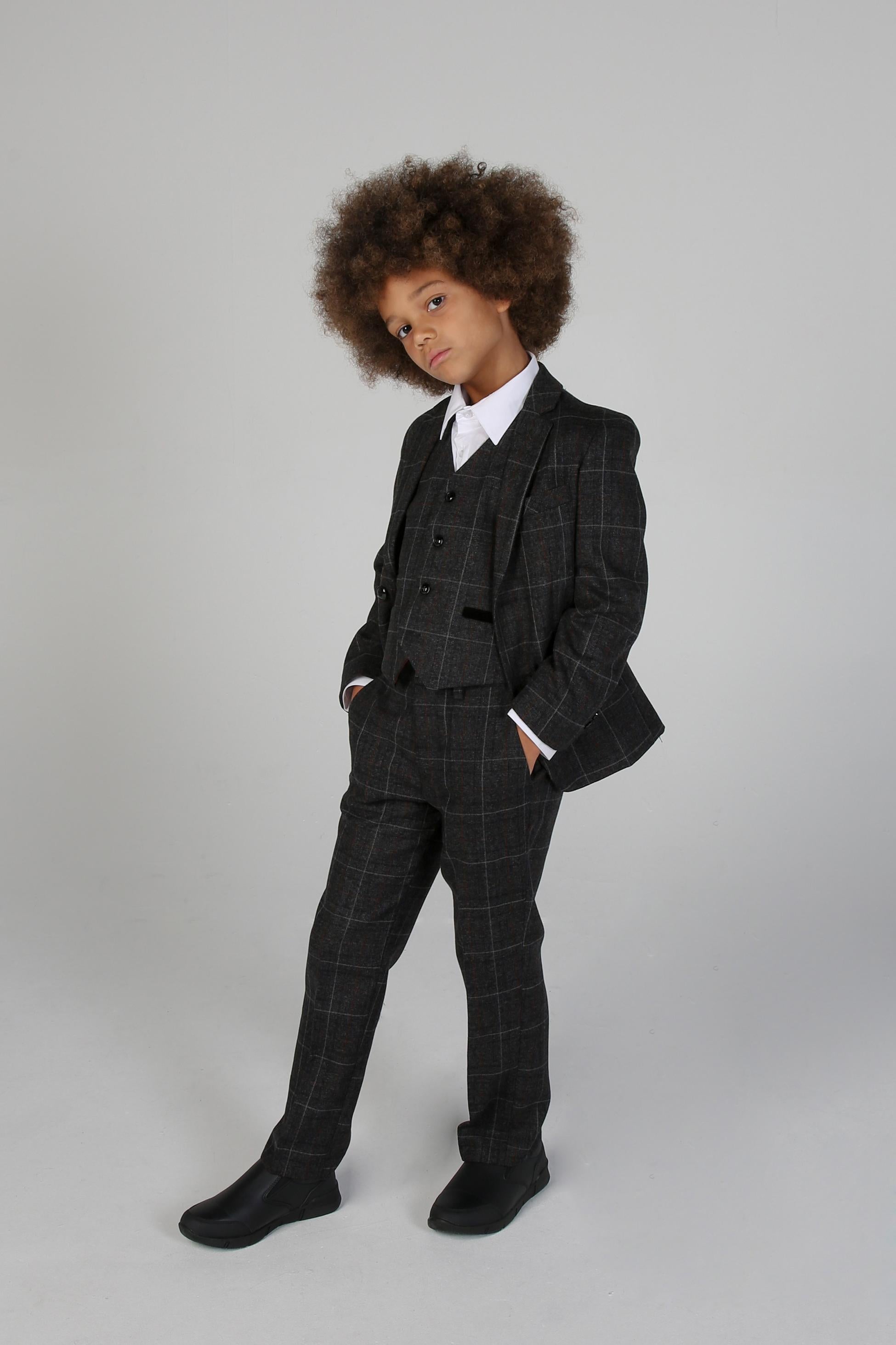 Costume à Carreaux Windowpane Tailored Fit pour Garçons - HARVEY - Gris Charbon Foncé