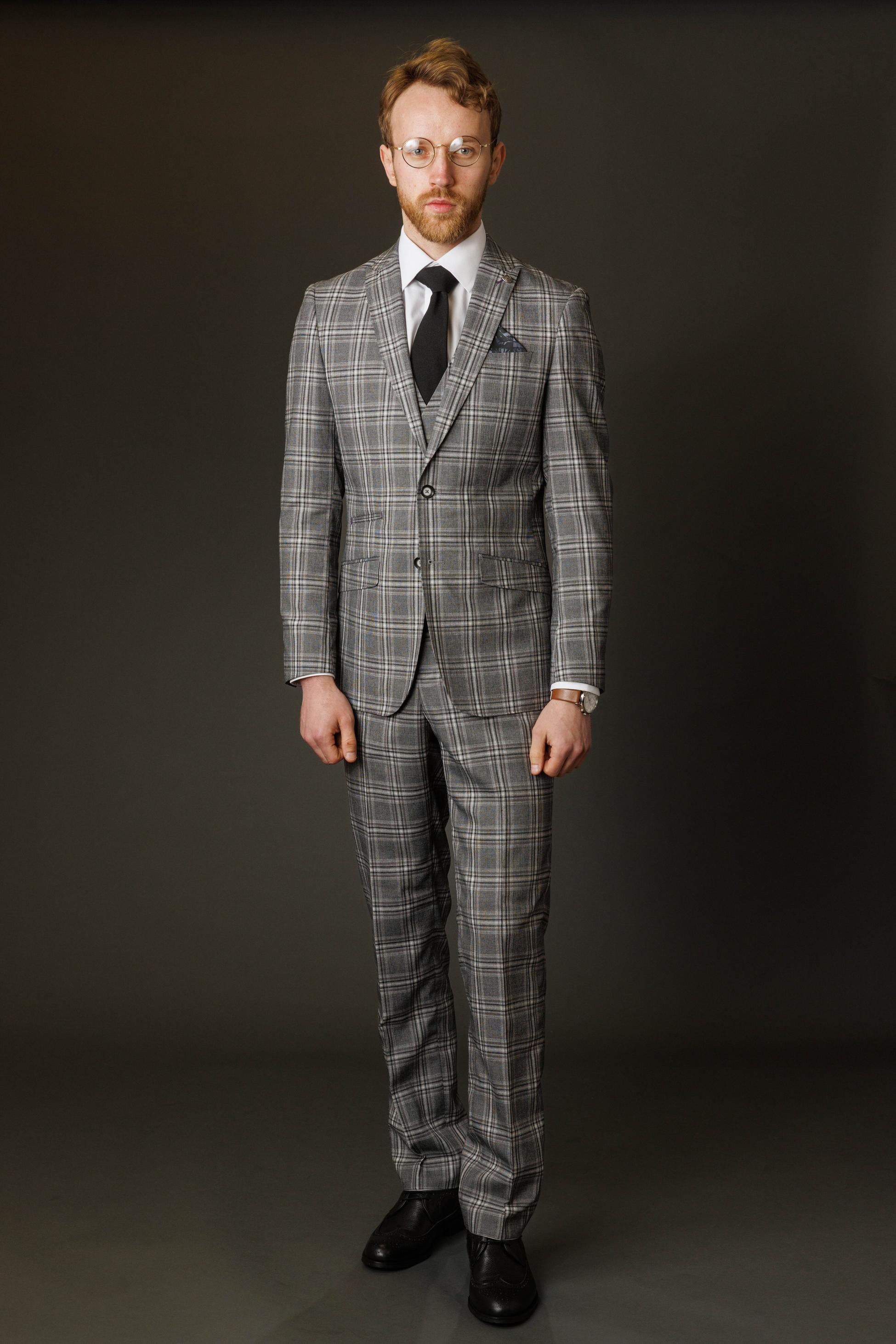 Men's Windowpane Check Slim Fit Suit - BLAKE - Grey