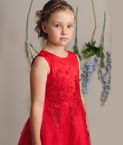 Robe à fleurs pour fille avec broderie et nœud - LUCKY - Rouge