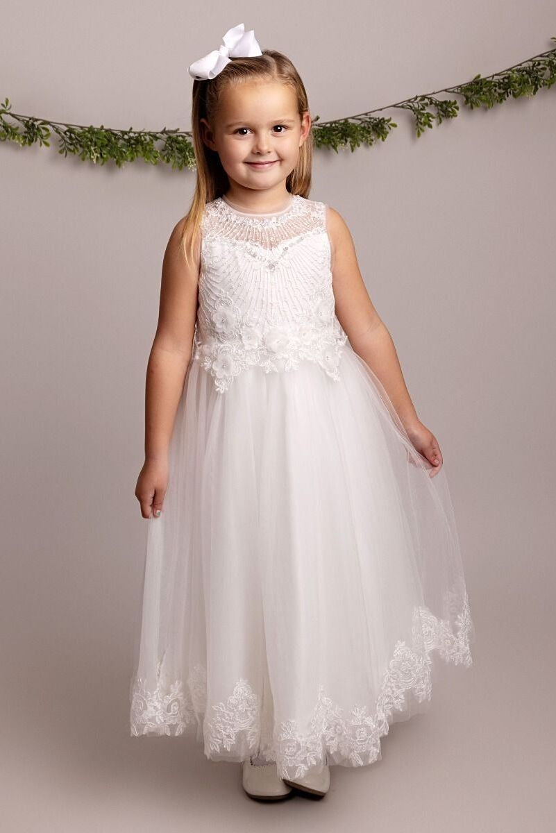 Girls Lace Floral Embroidered Ivory Dress - DAVINA - Ivory