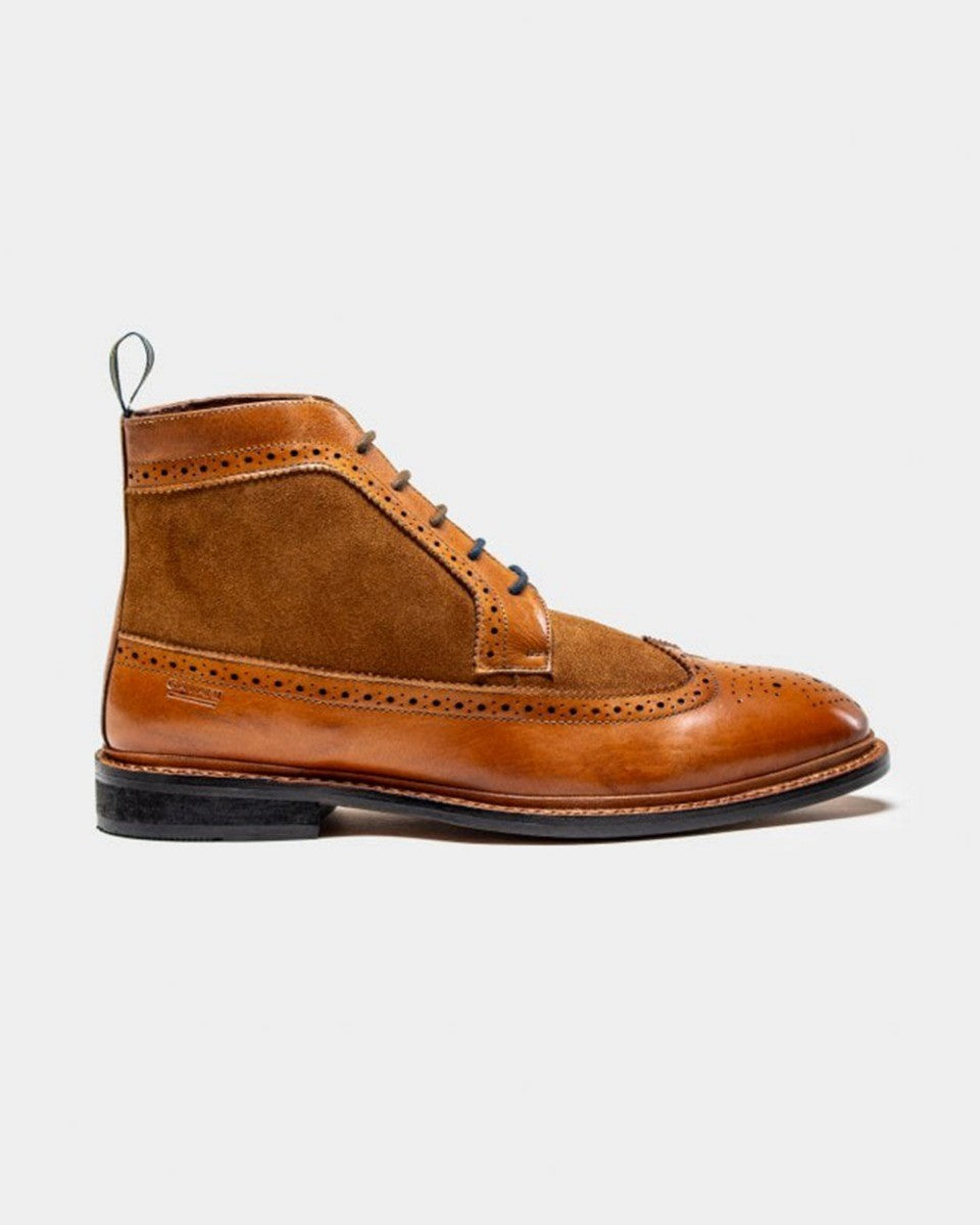 Men's Genuine Leather and Suede Brogue Boots - BOSWORTH - Tan Brown