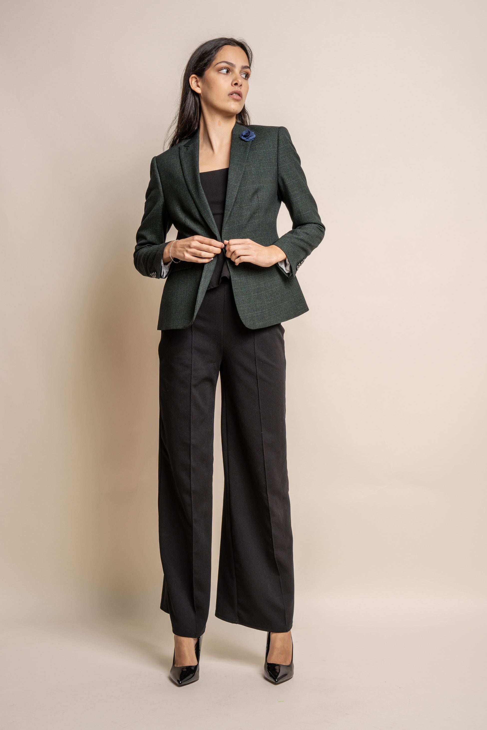 Blazer à Pied-de-Poule Slim Fit pour Femmes - CARIDI - Vert Olive