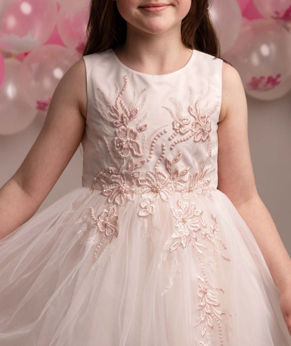 Robe à fleurs brodée avec jupe en tulle pour filles - NYRA - Rose Poudré