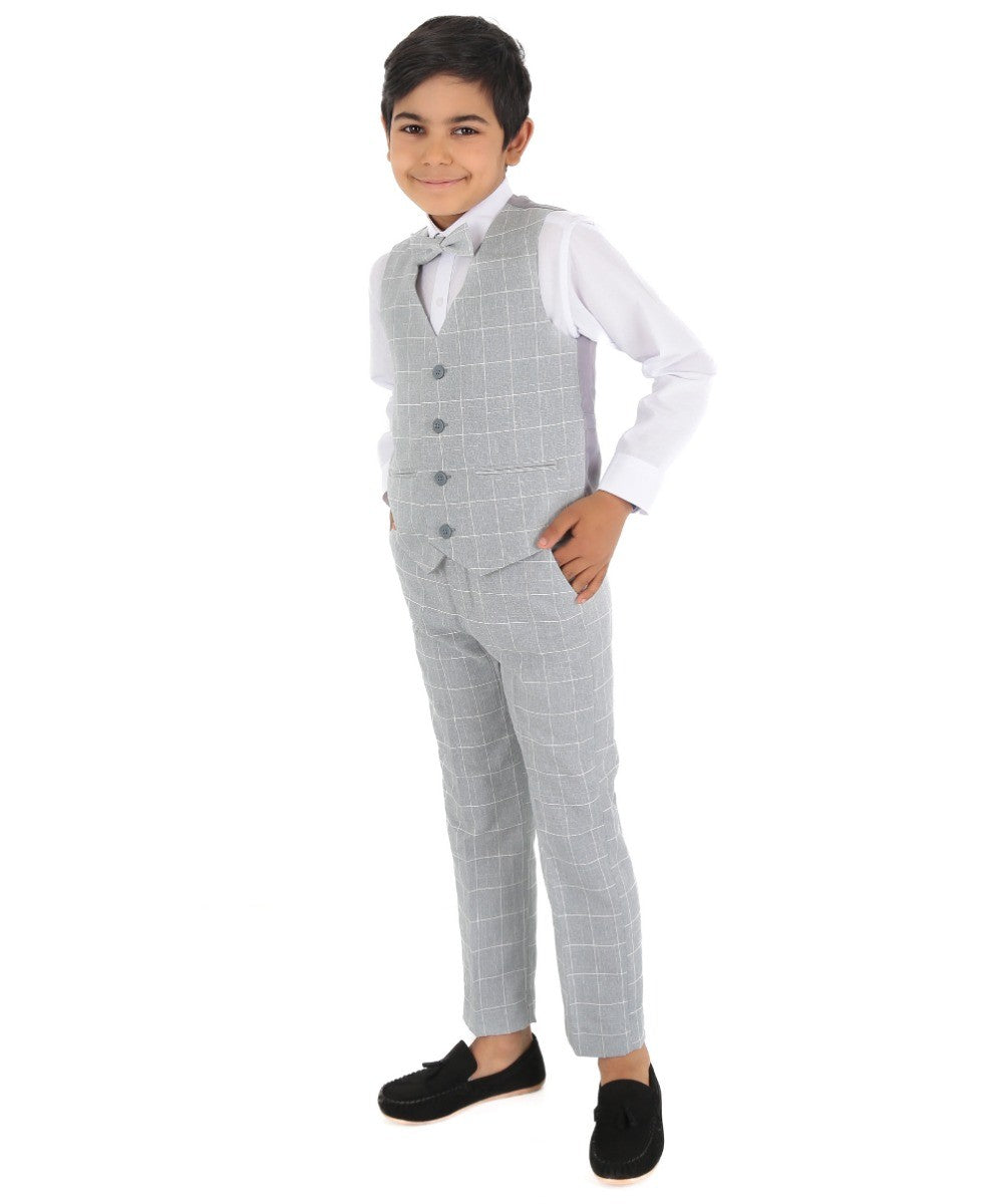 Boys Windowpane Check Grey Waistcoat Set - E-SAM - Light Grey