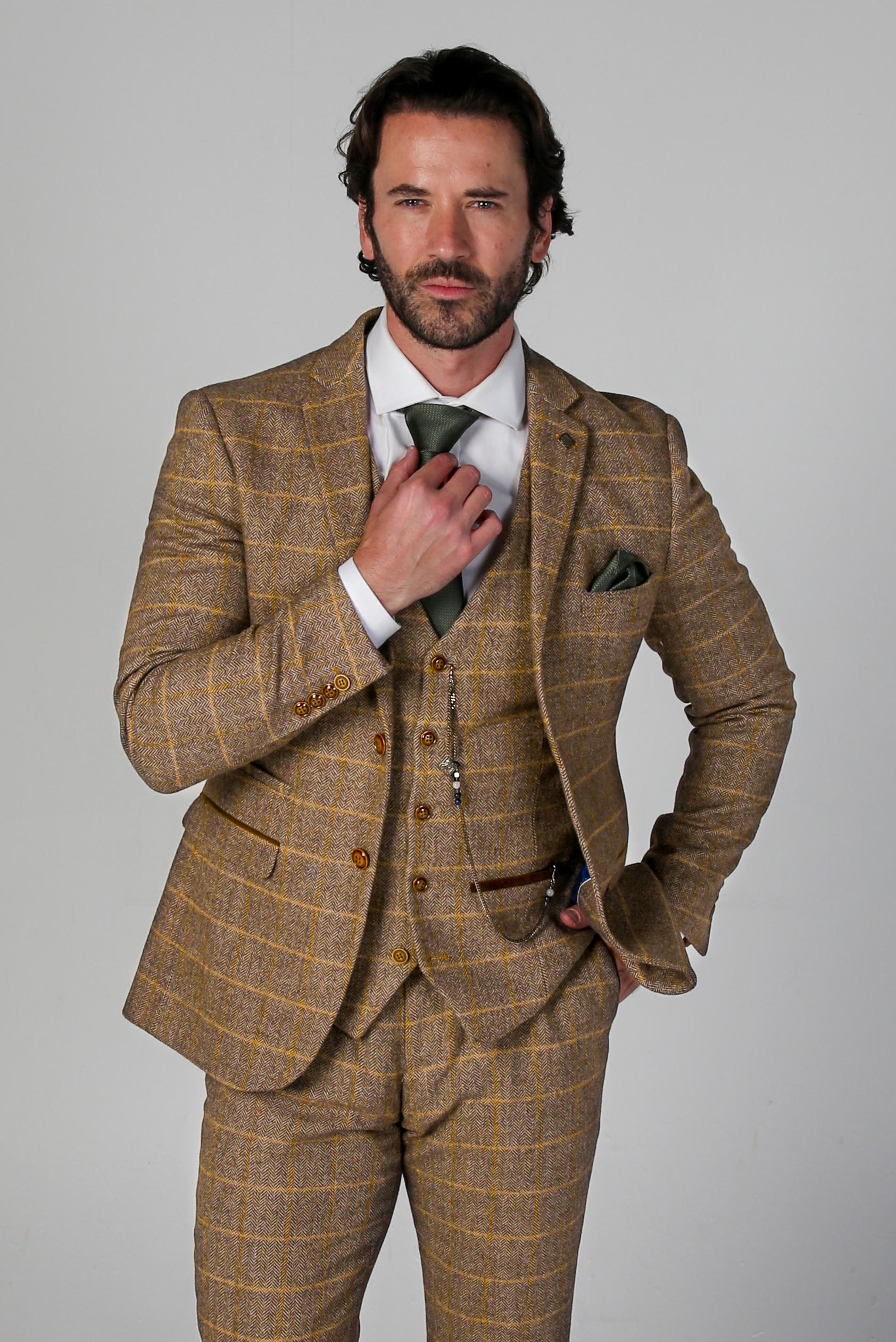 Costume Formel Retro en Tweed à Motif Windowpane pour Homme - HARRIS - Brun