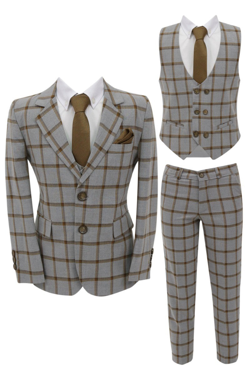 Ensemble Costume à Carreaux Windowpane 7 Pièces pour Garçons - Marron