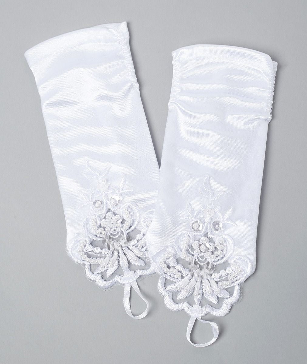 Gants en satin blanc avec boucle doigte en dentelle pour filles - DIANE - Blanc