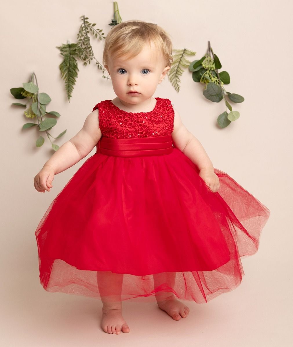 Baby Mädchen Kleid mit Blumenoberteil & Schleife - PC-1025 - Rot