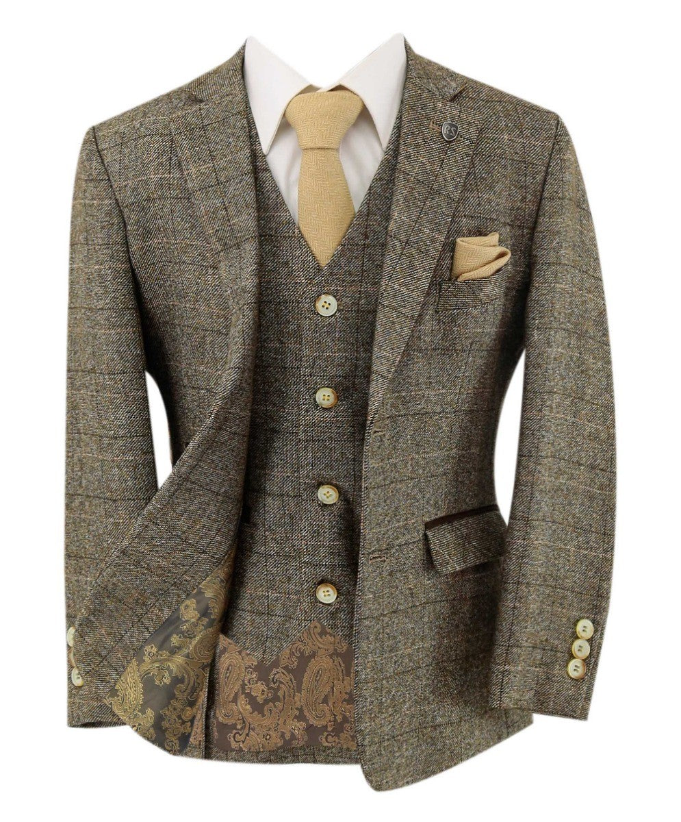 Costume en Tweed à Carreaux Tailored Fit Beige pour Garçons - LIAM - Beige