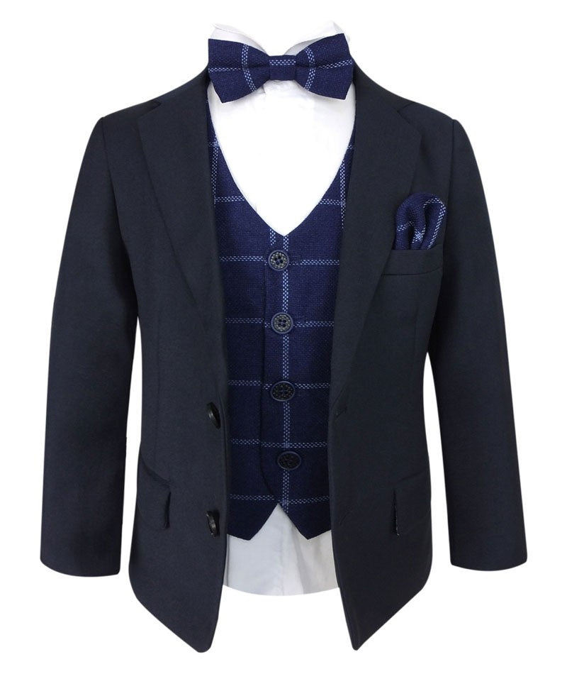 Ensemble Costume avec Gilet en Tweed à Carreaux Bleu Marine pour Garçons - Bleu Marine