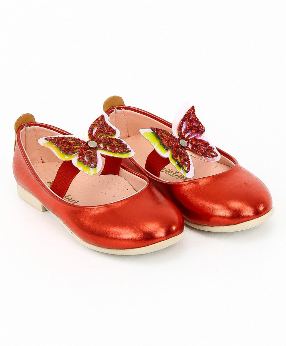 Girls Ballerina Butterfly Strap Flat Dress Shoes - Red