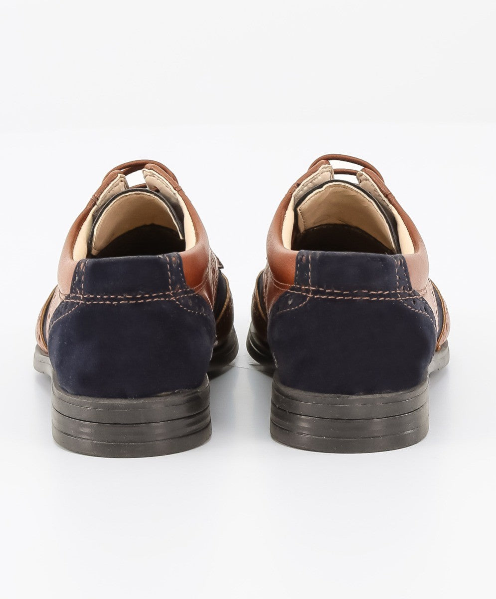 Boys Patent Leather & Suede Lace Up Brogue Derby Shoes - Tan Brown - Navy Blue