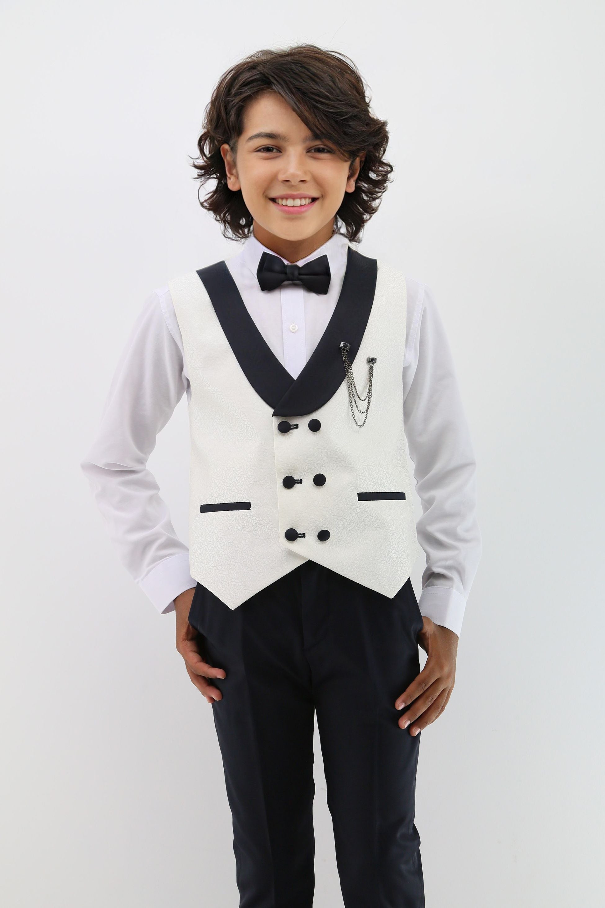 Ensemble de costume pour bébés et garçons avec gilet texturé à revers châle - Blanc Cassé