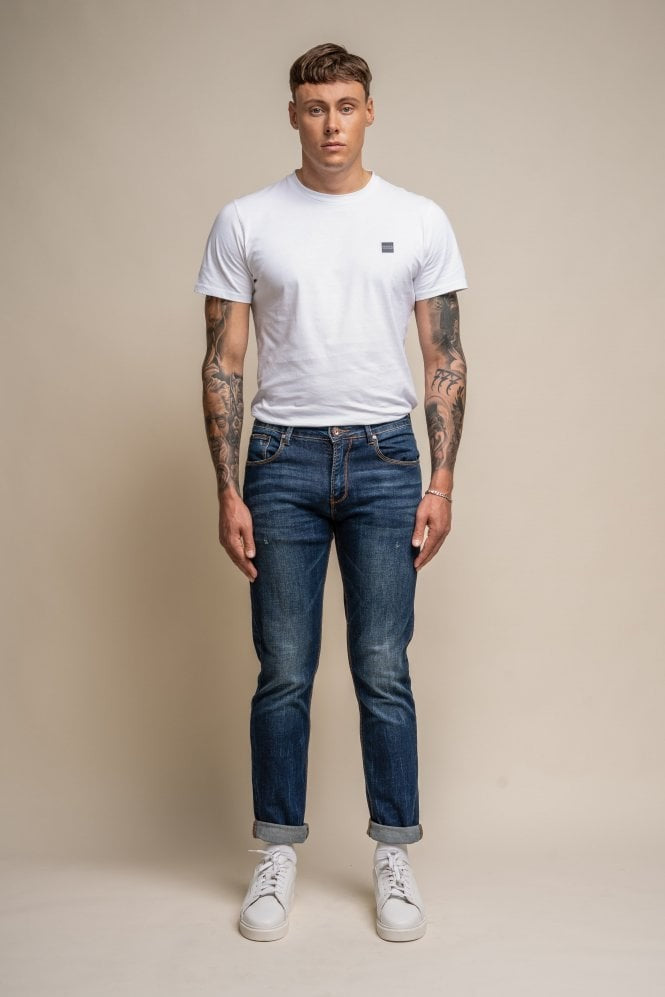 Jean en denim stretch décontracté ajusté pour hommes - Bleu Foncé