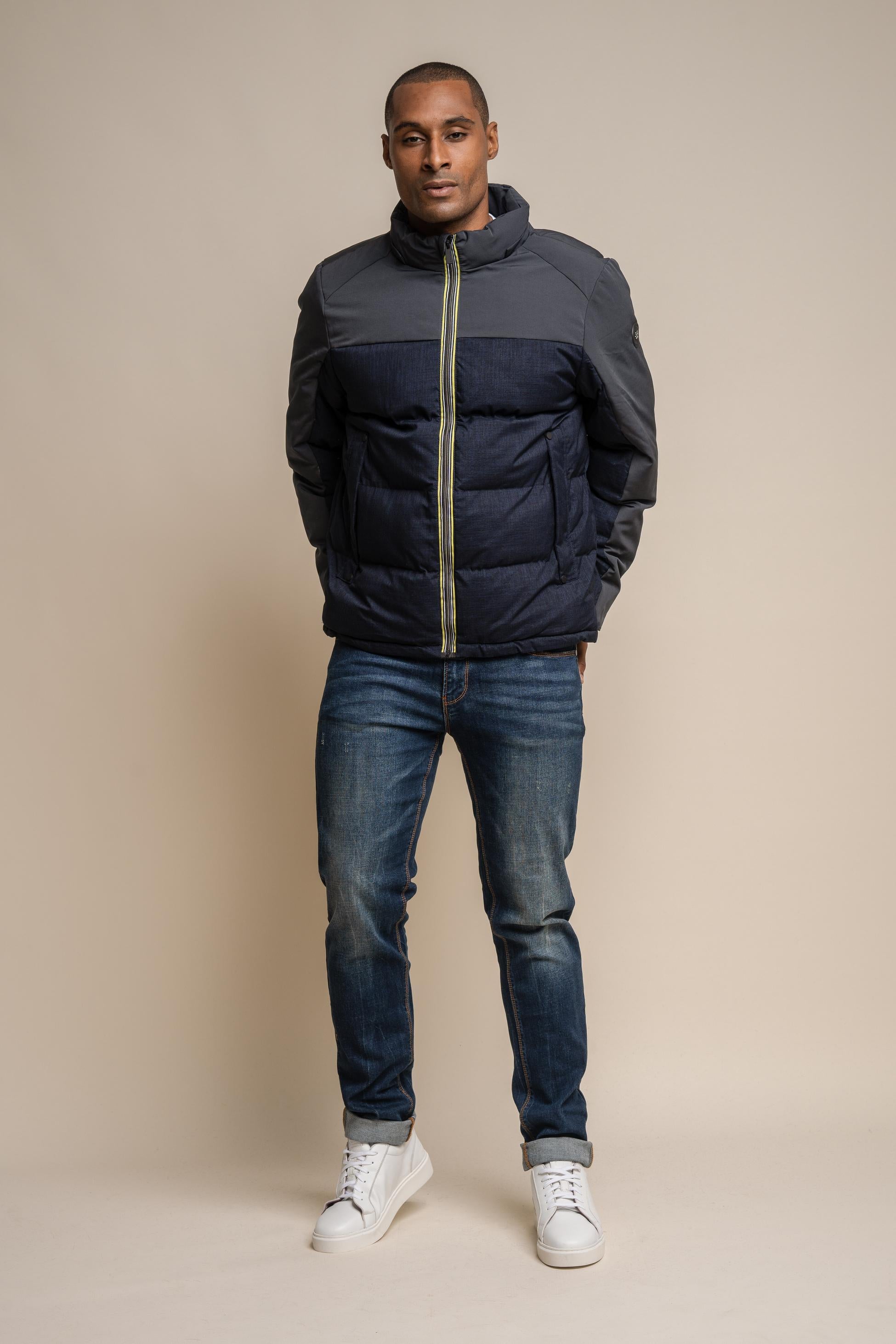 Manteau mi-long rembourré pour hommes - Farros Puffer - Bleu Marine et Gris