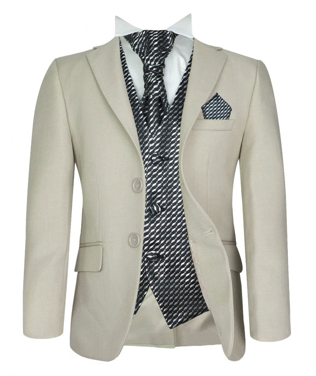 Boys Beige Suit with Patterned Waistcoat and Cravat Set - Beige