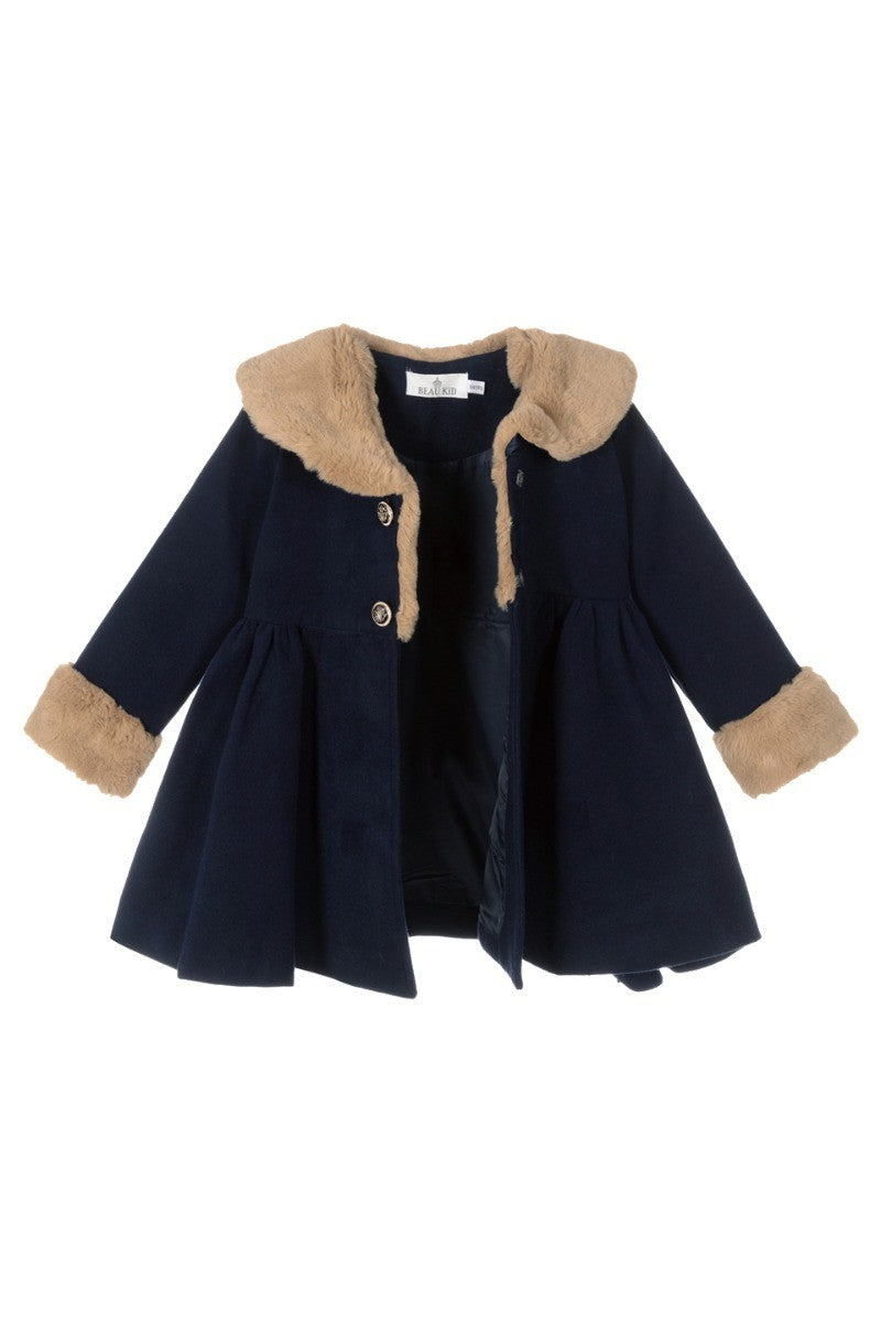 Ensemble Manteau Midi en Fourrure 2 Pièces pour Filles - Bleu Marine