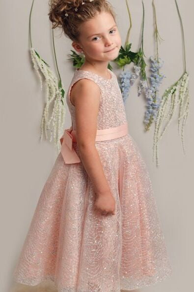 Girls Sparkly Embroidered Dress with Bow – CLIO - Pink