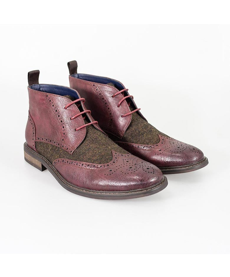 Herren Tweed Brogue Knöchelstiefel - CURTIS - Weinrot