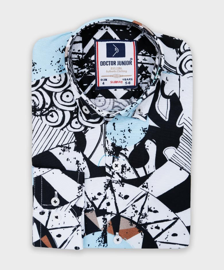 Boys Zen Doodle Printed Fashion Shirt - White- Blue