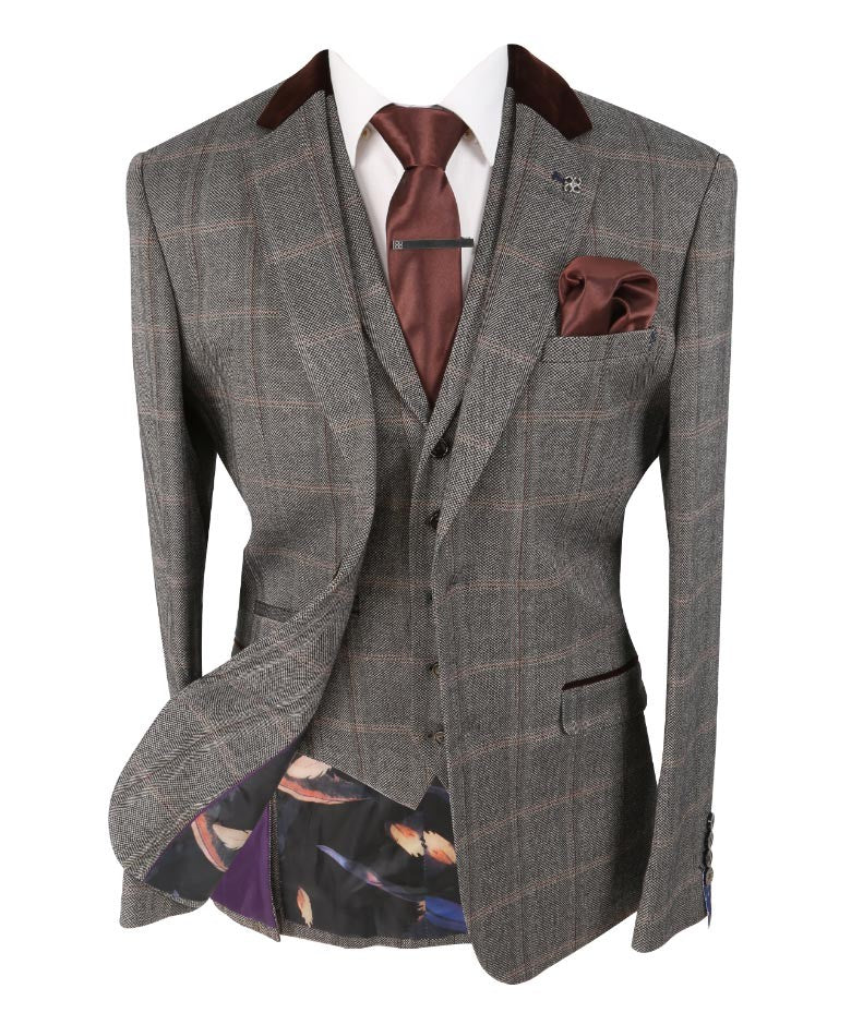 Herren Slim Fit Tweed Karo Retro Anzug - Connall Braun - Braun