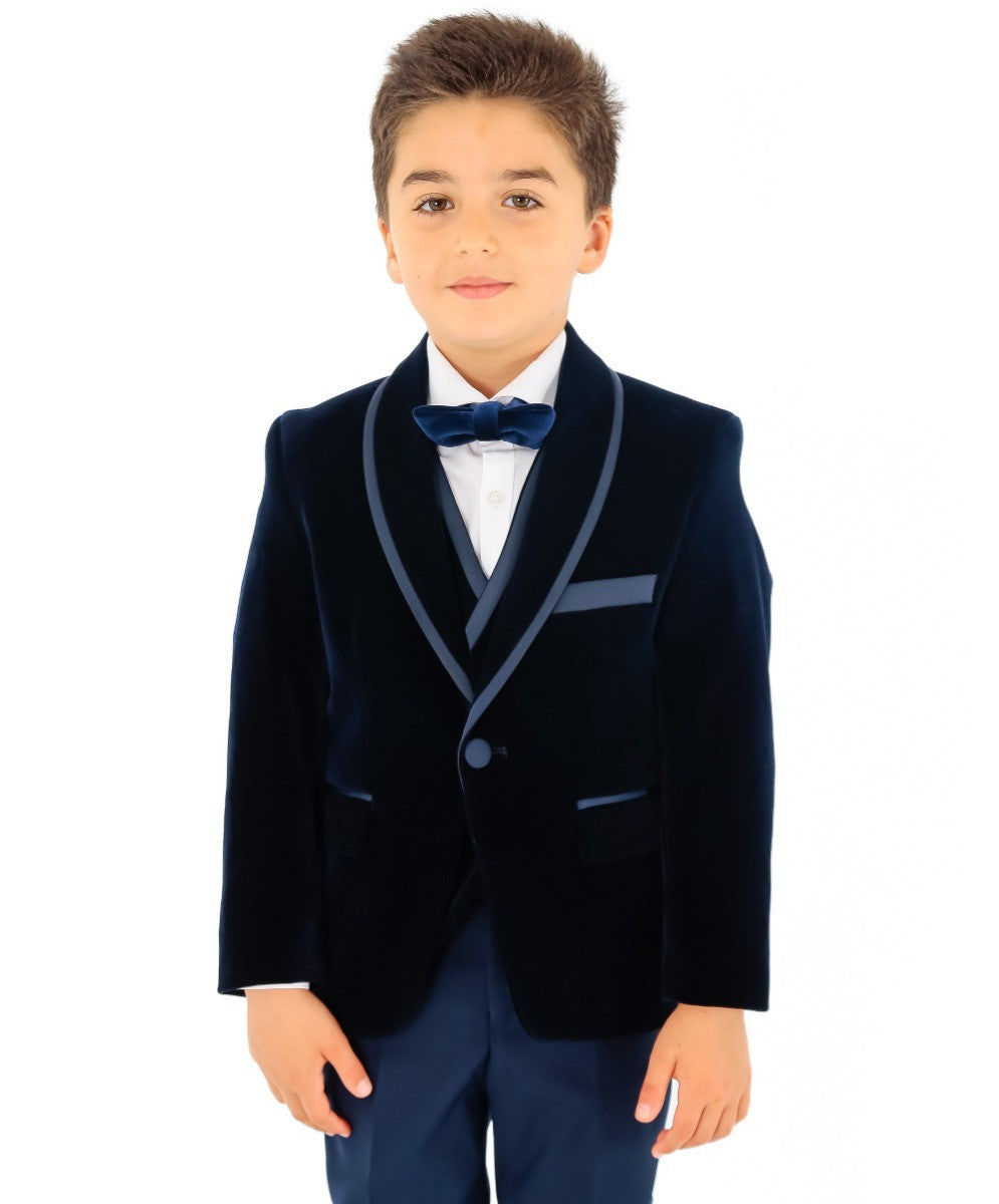 Costume de Smoking en Velours à Passepoil Slim Fit pour Garçons - LONDON - Bleu Marine