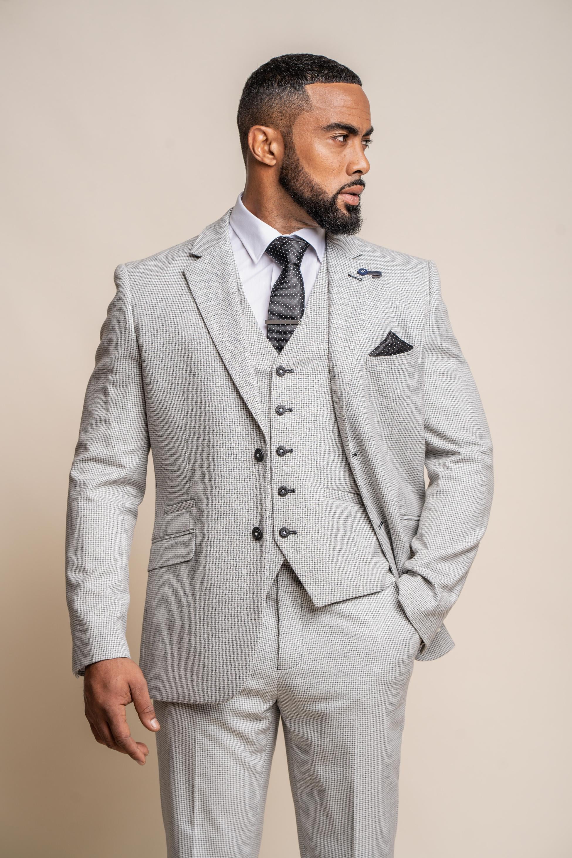 Men's Houndstooth Slim Fit Suit- KYOTO Grey - Light Grey