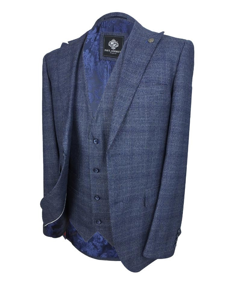 Herren Tweed Karo Blauer Anzug - GRAHAM - Blau