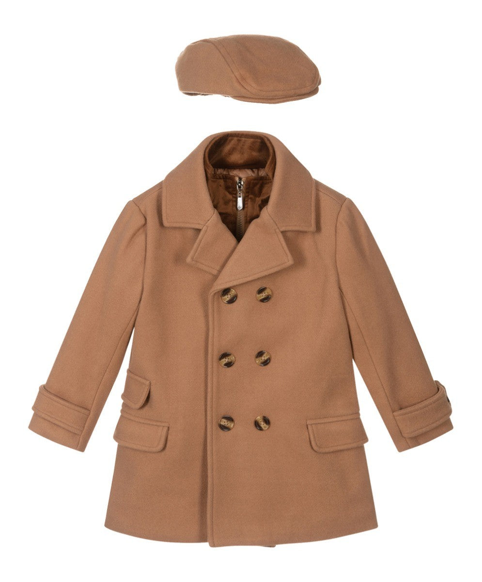 Manteau Midi en Tweed Double Bouton pour Garçons - Beige Camel