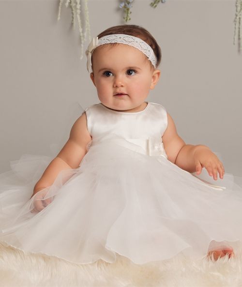 Baby Mädchen Taufkleid mit Satin Schleife - K038 - Elfenbein