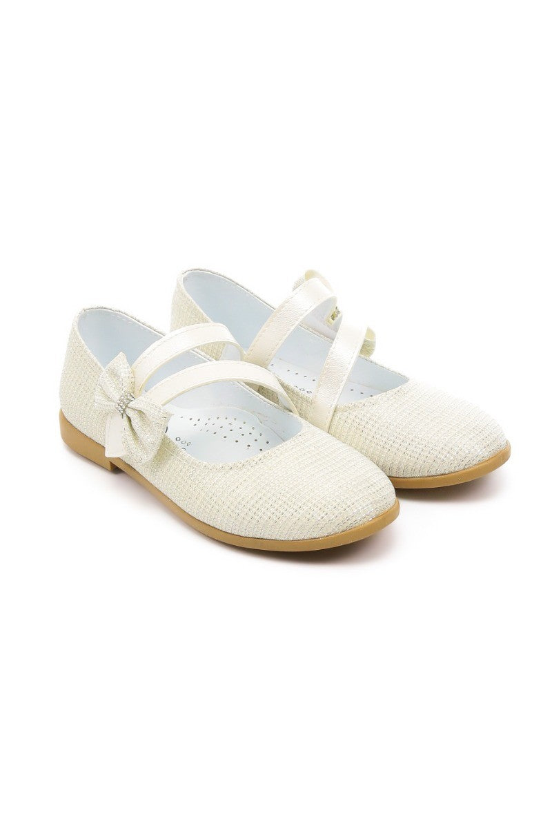 Girls Mary Jane Bow Flat Dress Shoes -MAYA - Ivory Gold