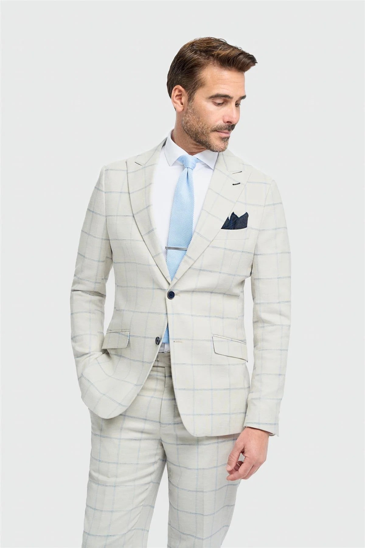 Men’s 2-Piece Light Grey Windowpane Check Suit - Gabriel - Light Grey