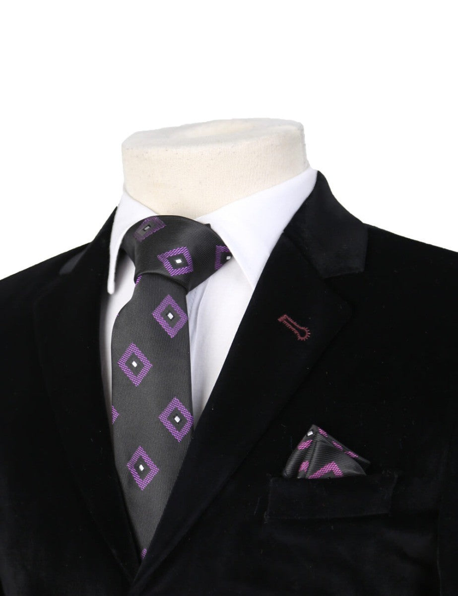 Ensemble Cravate et Pochette Formels à Motifs Mixtes pour Garçon – Noir Violet