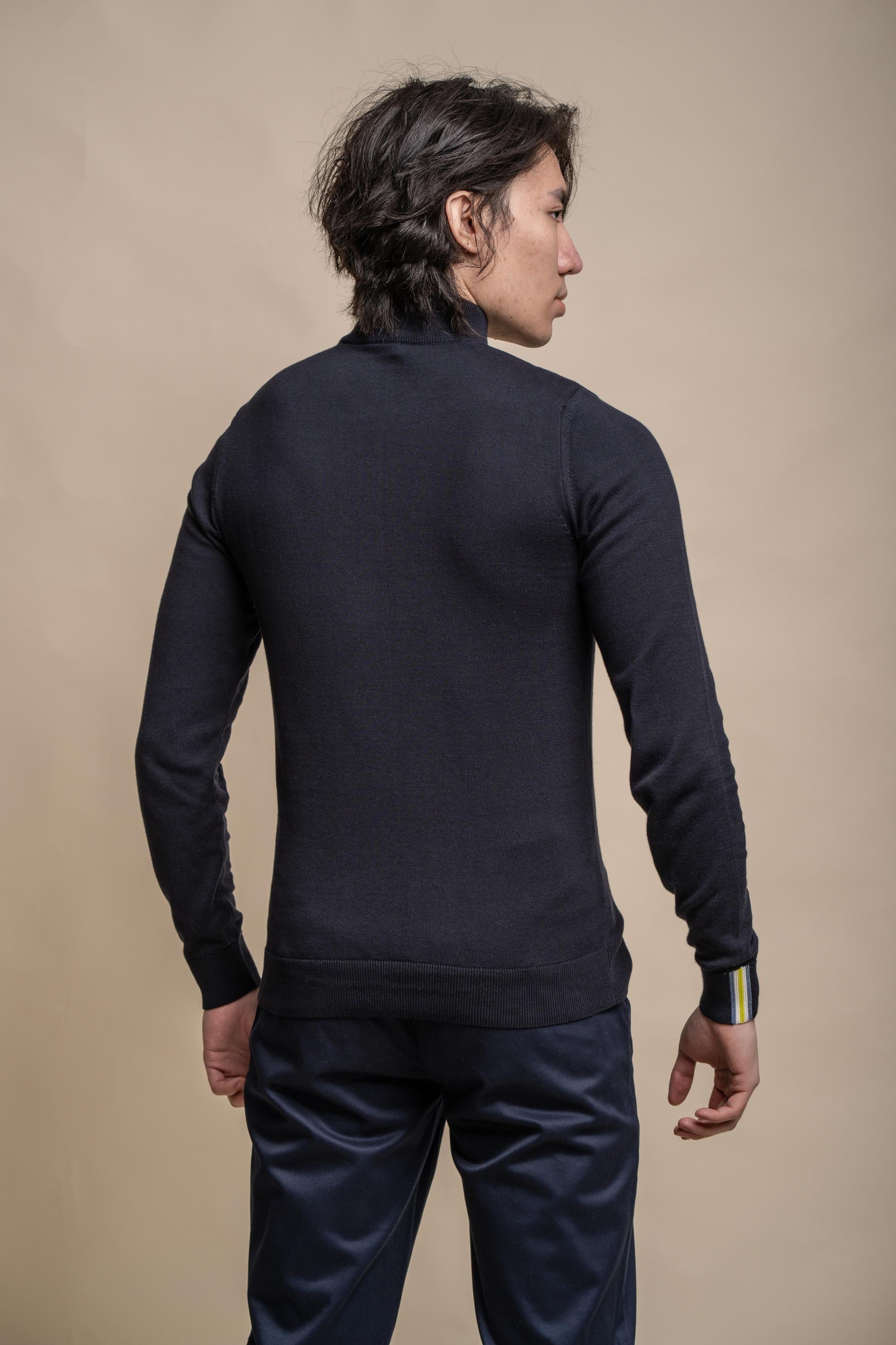 Pull en coton décontracté à demi-zip pour hommes - AVANTI - Bleu Marine