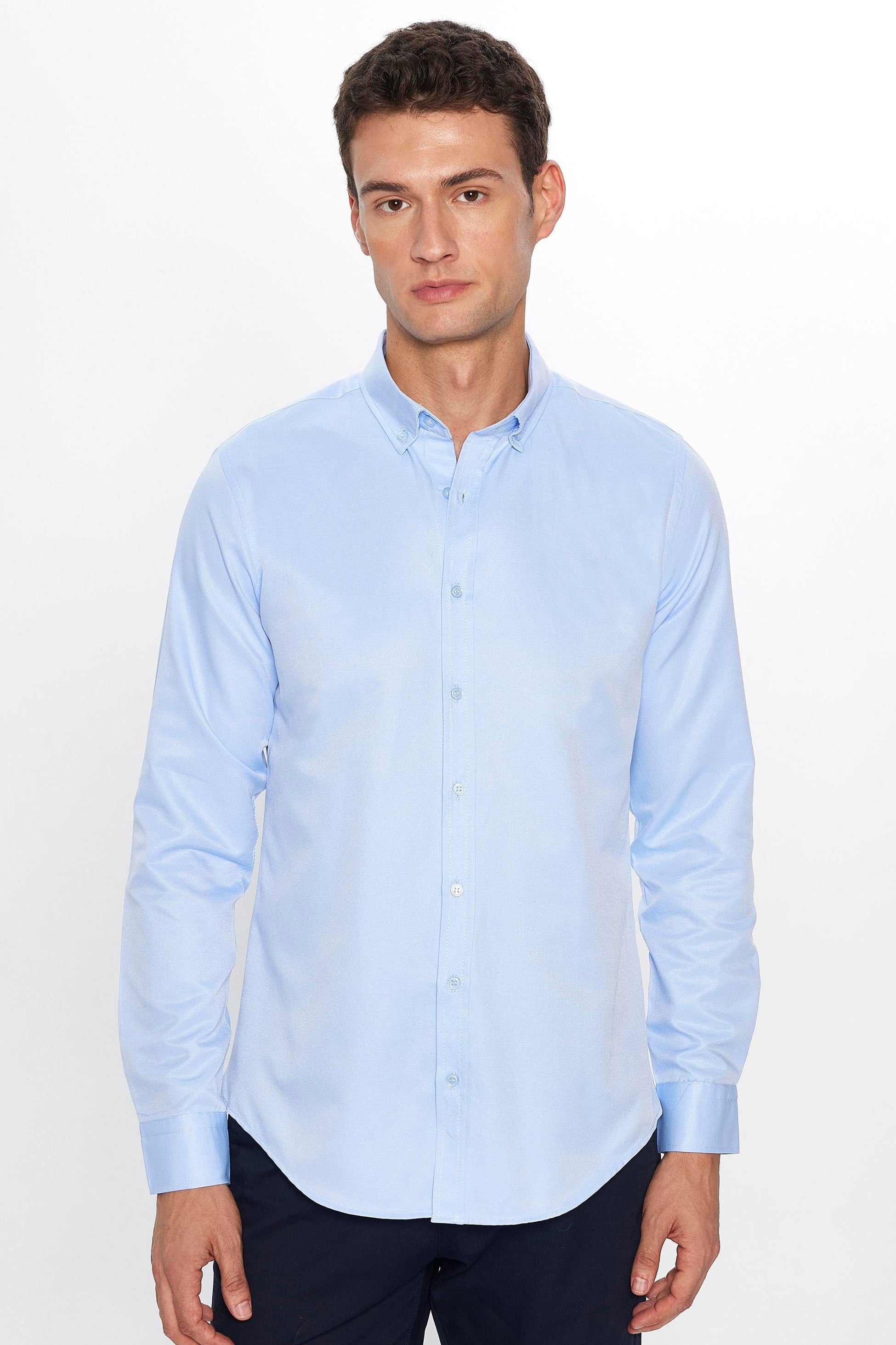 Chemise en coton ajustée à col boutonné - GABARDIN - Bleu Clair