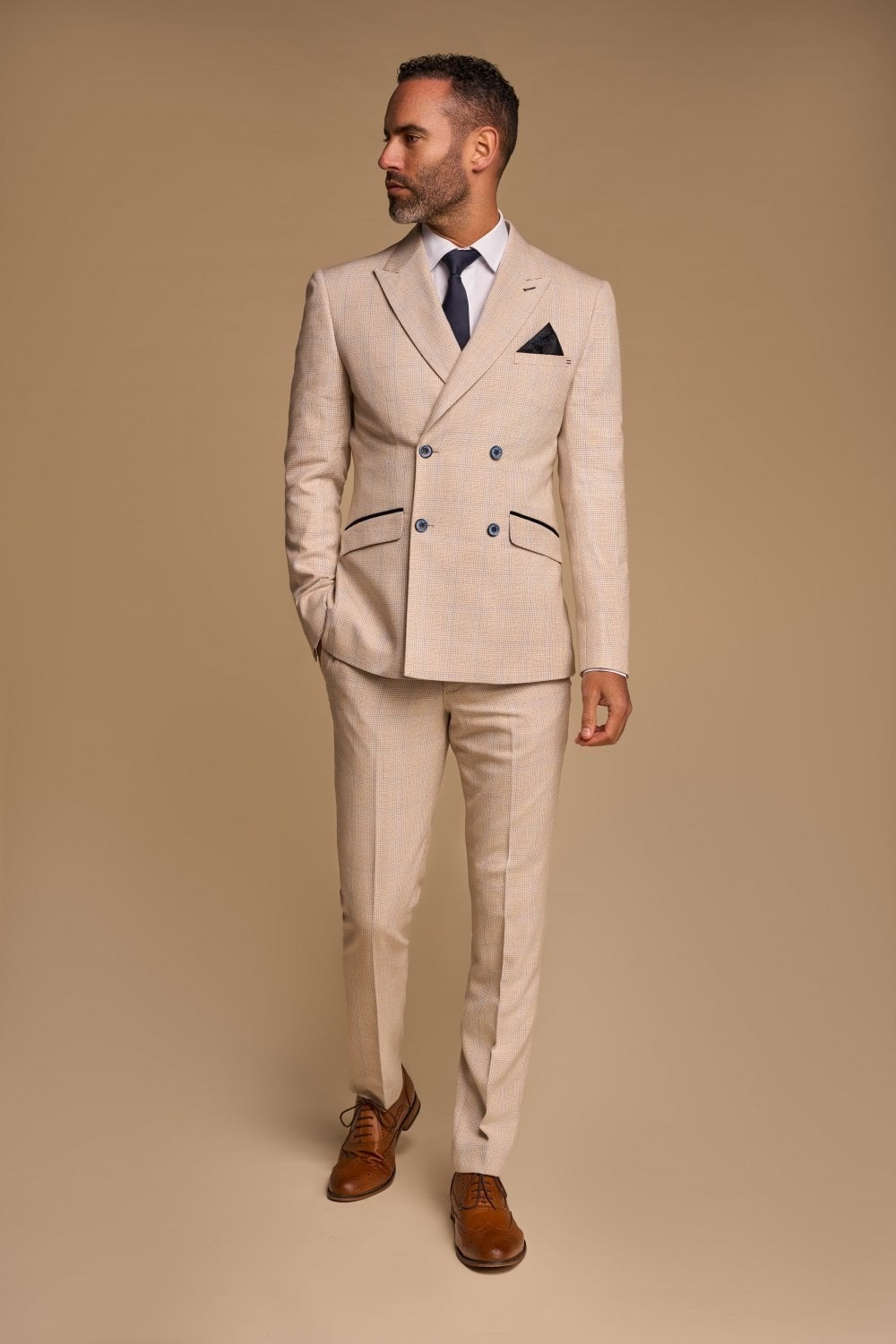 Men's Tweed Houndstooth Check Slim Fit Suit - CARIDI - Beige