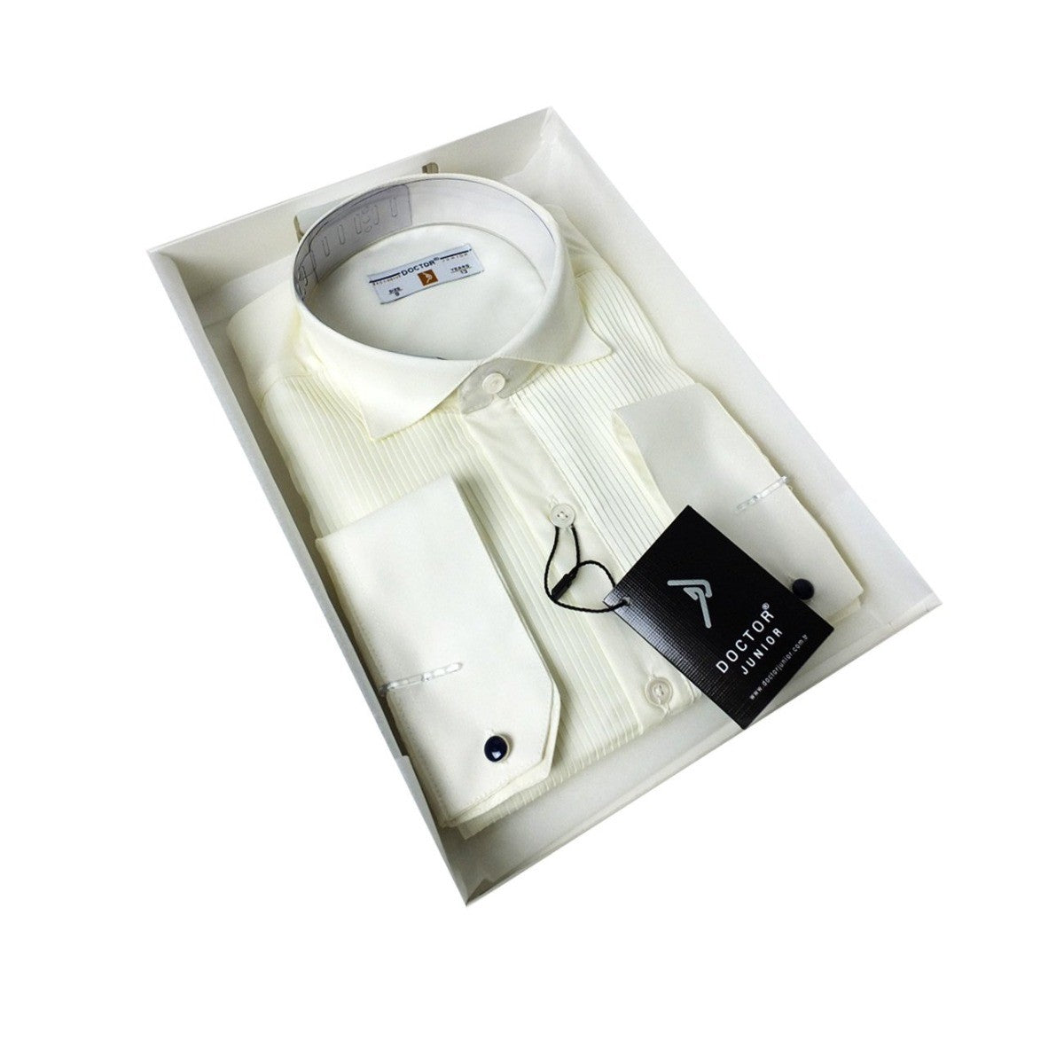 Boys Wing Collar Pleated Cream Cufflink Shirt - Cream