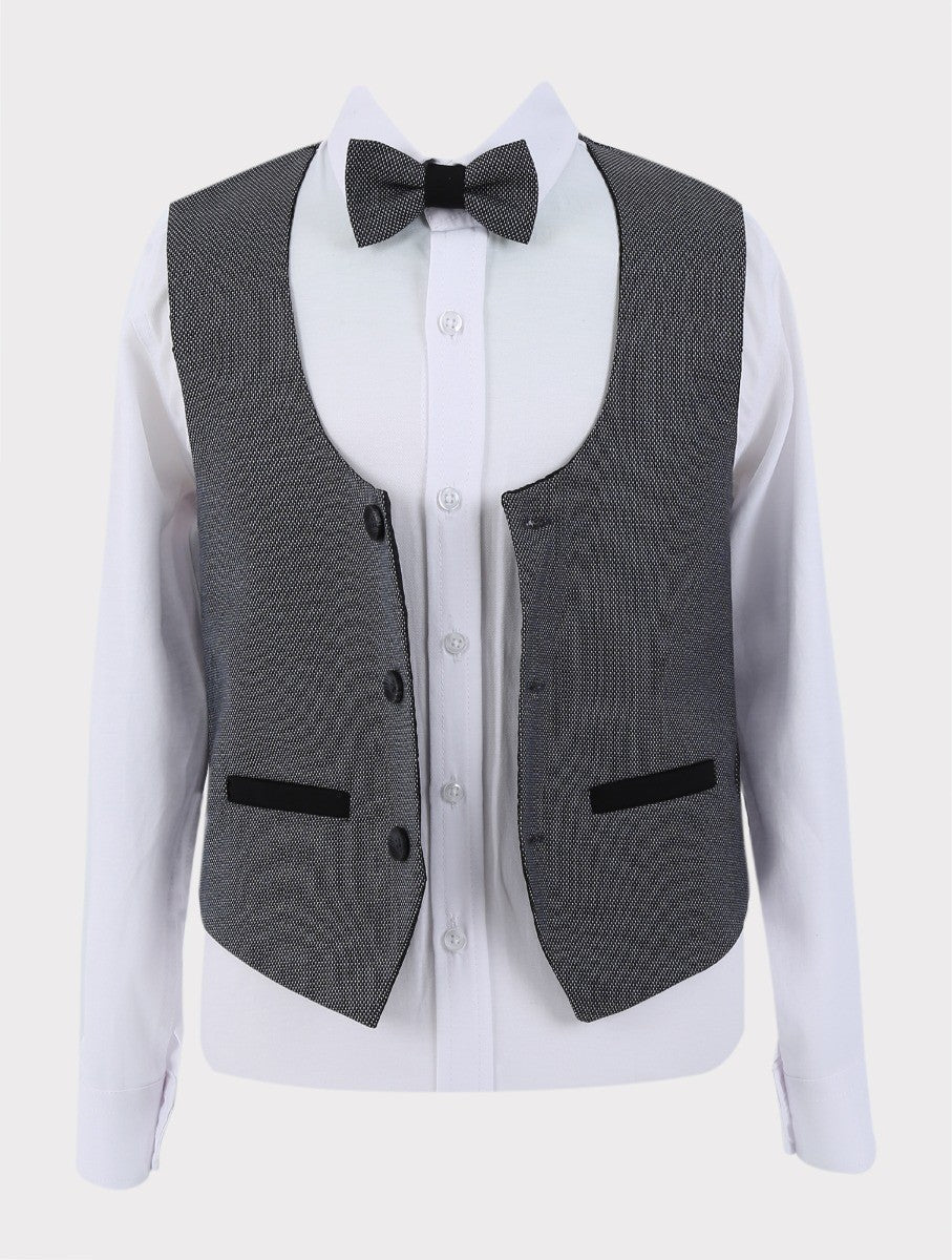 Boys 4 Piece Set Textured Waistcoat - CHARLES Grey - Navy Blue