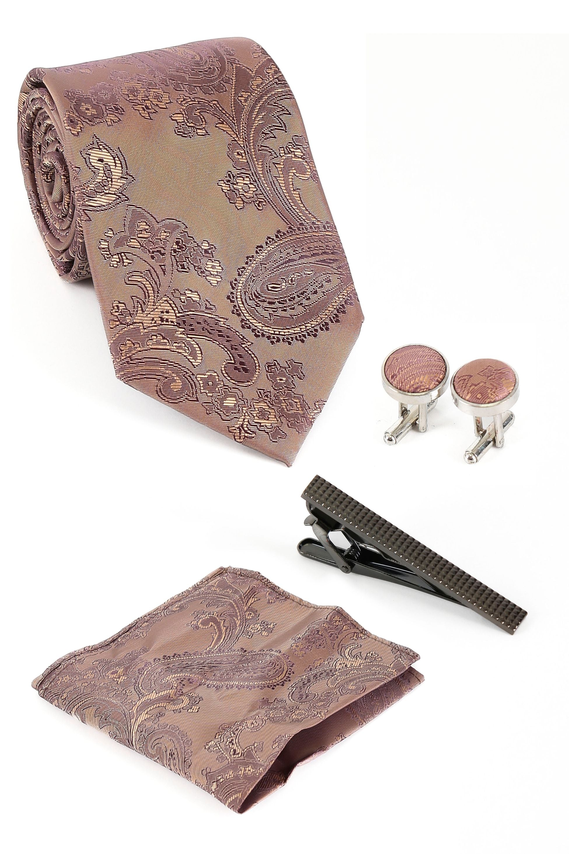 Ensemble cravate et boutons de manchette paisley pour hommes - Marron clair