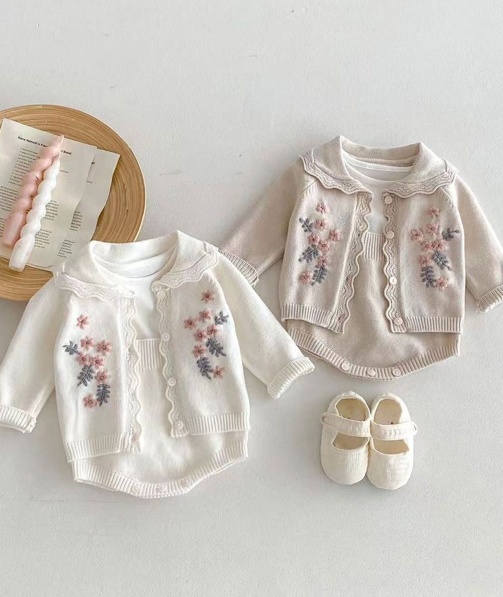 Ensemble de combinaison en tricot avec bretelles et cardigan brodé pour bébés filles - 2421 - Beige Sable