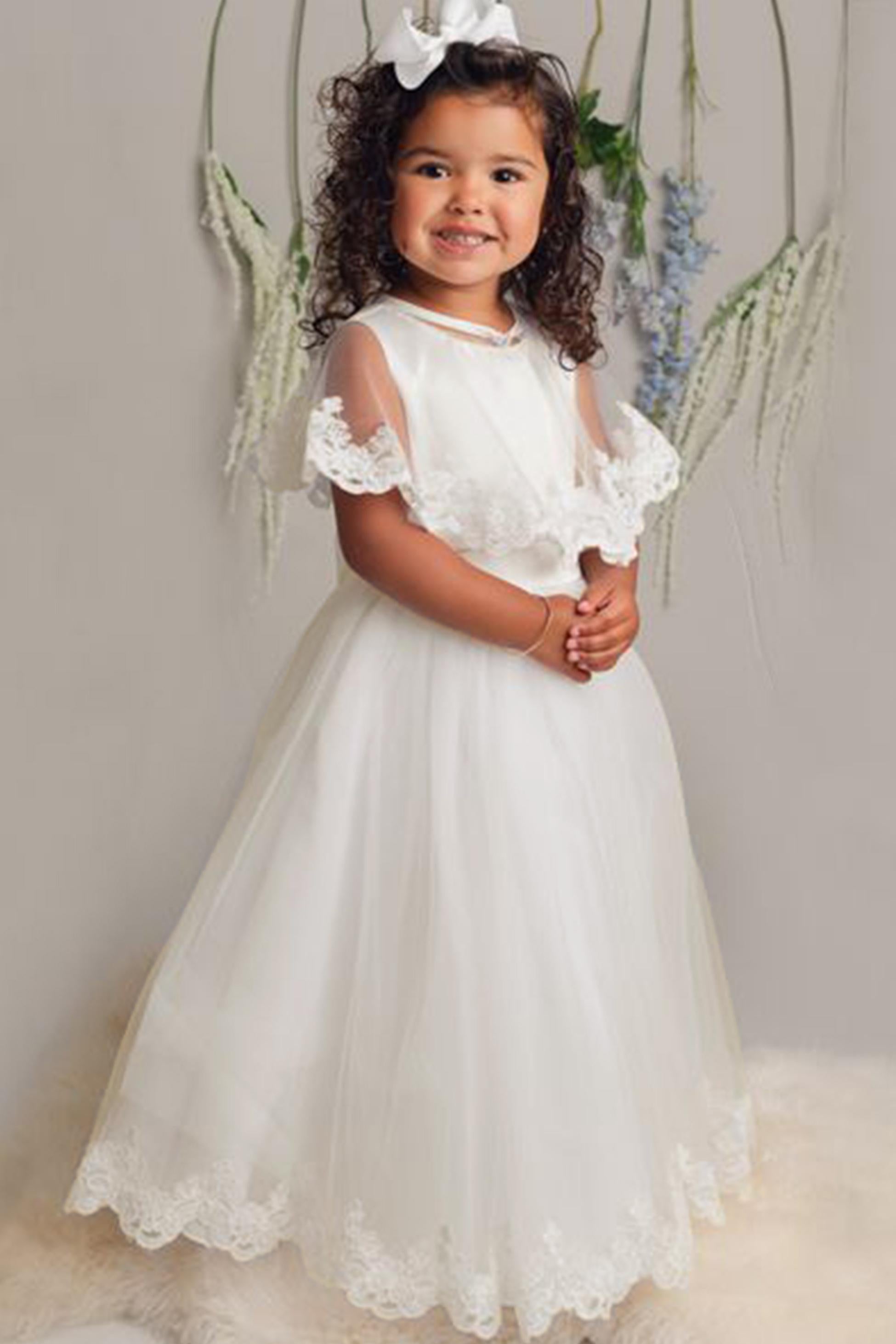 Flower Girl Long Dress with a Tulle Cape – CLAIRE - Ivory