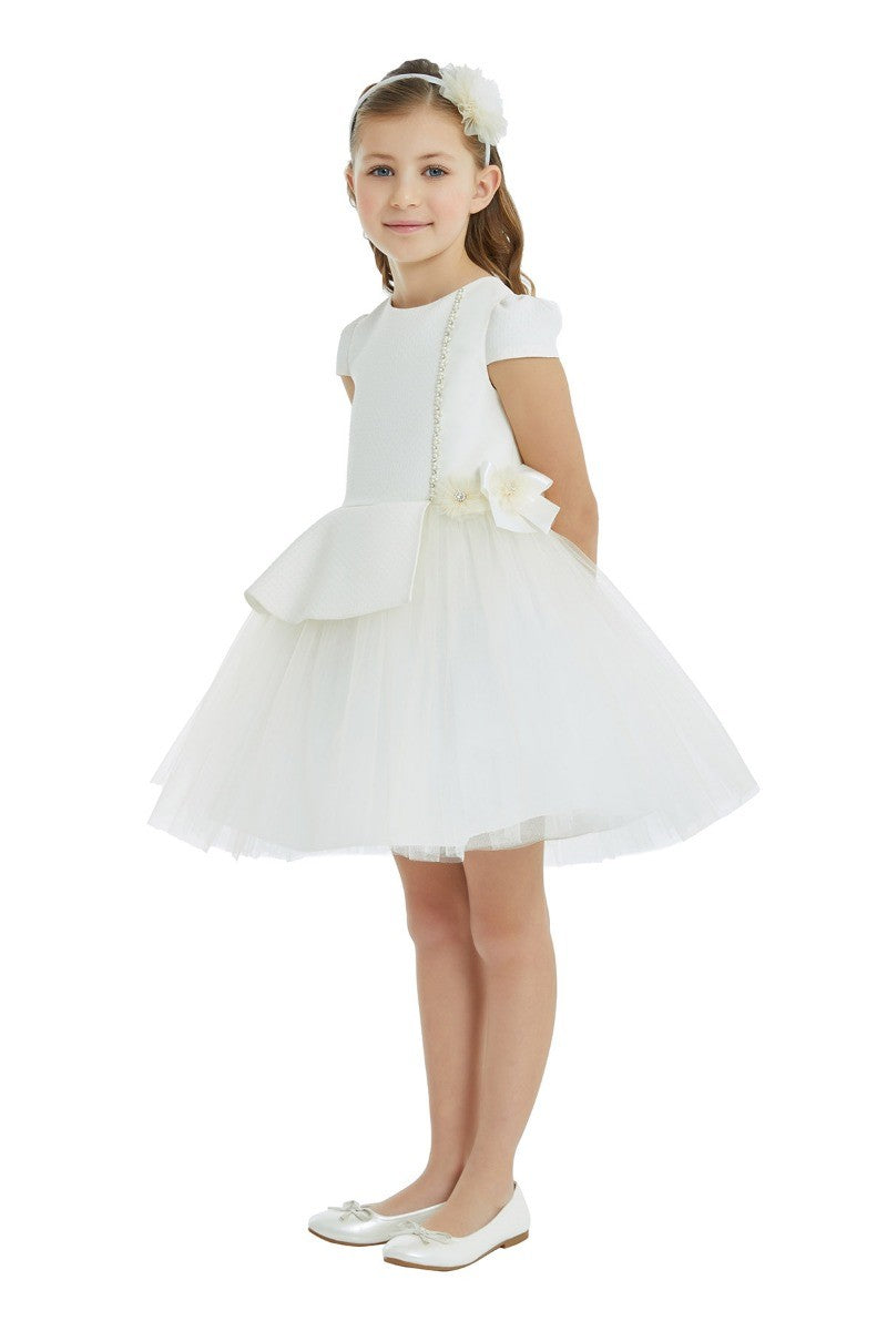 Girls Peplum Short Sleeve Dress - Ecru