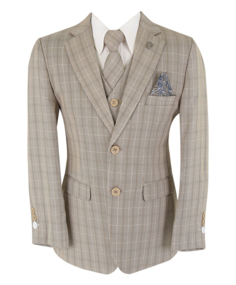 Costume en Tweed à Carreaux Tailored Fit pour Garçons - Beige et Marron