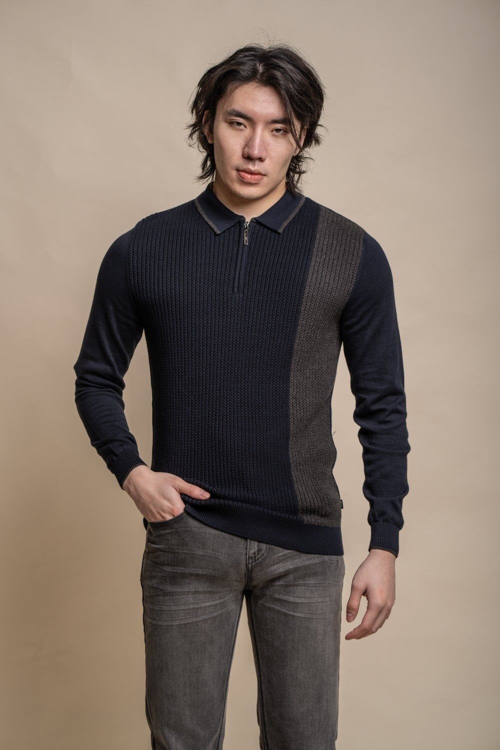 Polo en coton texturé à zip pour hommes - Bleu Marine