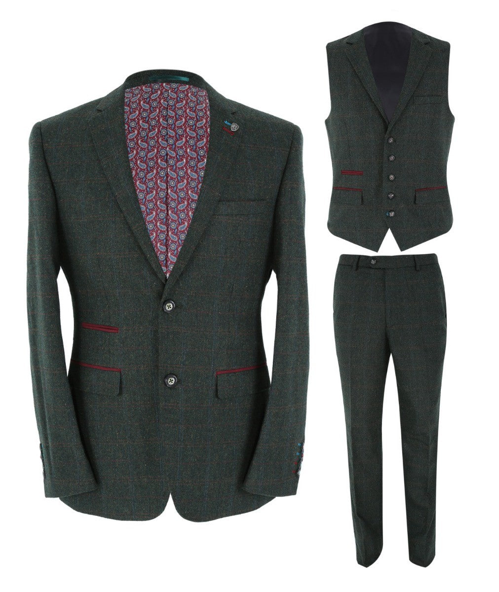 Men's Tweed Check Tailored Fit Suit - JOSHUA Green - Dark Green