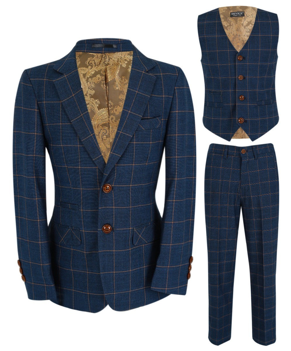 Costume Tailored Fit à Carreaux Windowpane pour Hommes - HAMLEYS - Bleu Bleuet