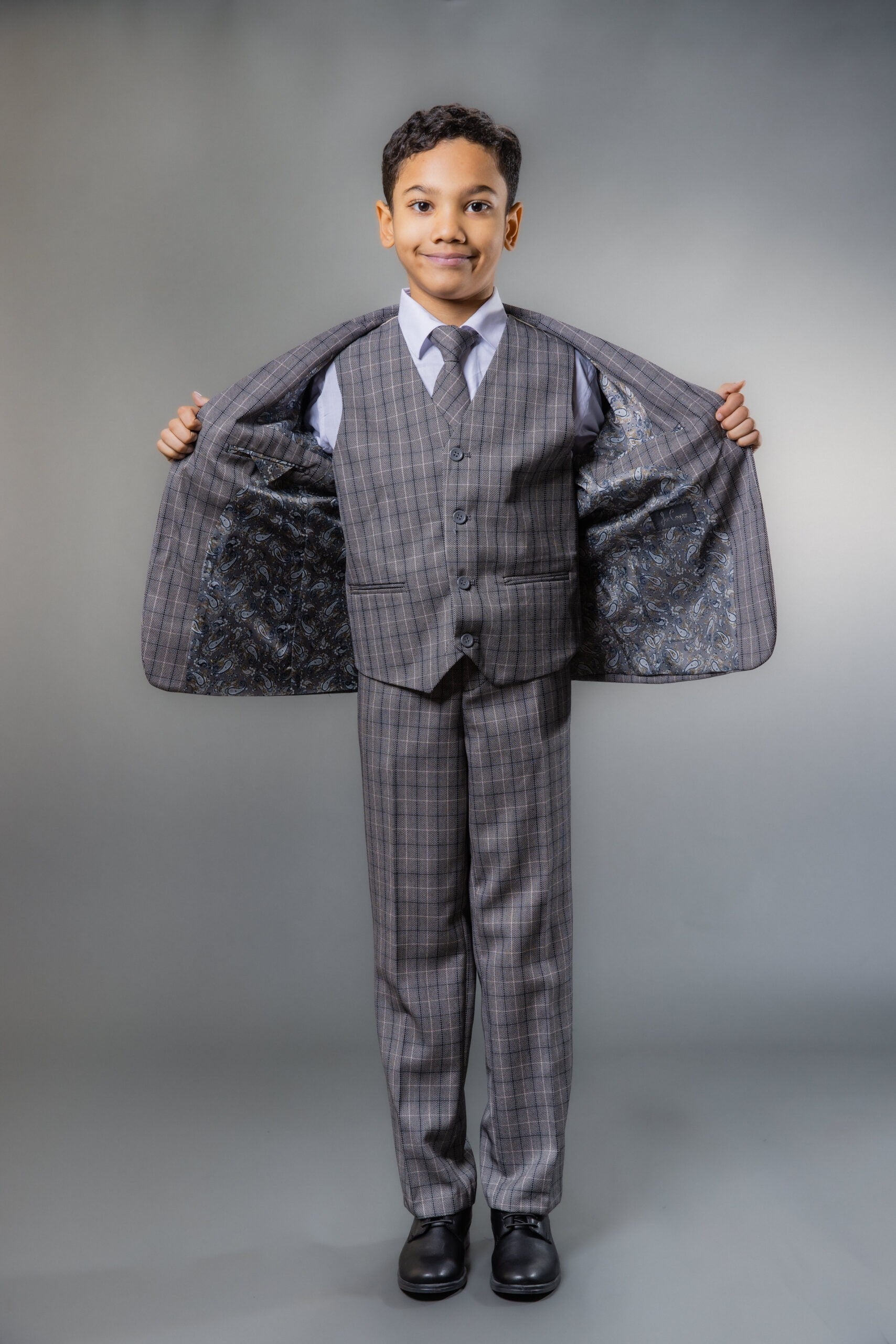 Costume en Tweed à Carreaux Tailored Fit pour Garçons - Gris