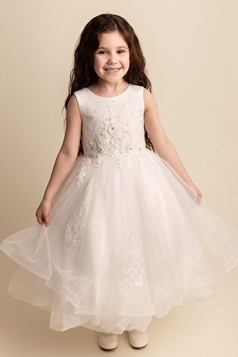 Girls Ivory Floral Embroidered Tulle Dress - RAQUEL - Ivory