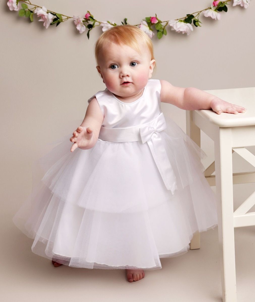 Baby Mädchen Taufkleid mit Satin Schleife - K038 - Weiß